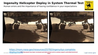 jpl.nasa.gov
Ingenuity Helicopter Deploy in System Thermal Test (STT)
4/7/2024
This document has been reviewed and determined not to contain export controlled technical
data.
18
https://mars.nasa.gov/resources/25792/ingenuitys-complete-
deployment/
Human errors and the importance of having confidence in your expectations
 