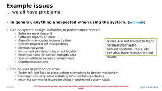 jpl.nasa.gov
Example issues
… we all have problems!
• In general, anything unexpected when using the system. (anomaly)
• Can be system design, behavior, or performance related:
• Software reset (assert)
• Software reports an error
• Algorithm computes incorrect value
• System powered off unexpectedly
• Mechanical yield
• Instrument pointing to incorrect location
• Electrical noise on sensor corrupts data
• System attitude exceeds defined limit
• Communication loss
• Can be user or procedure error:
• Tester left test lock in place before attempting to deploy mechanism
• Damaged circuitry while installing into mechanical chassis.
• Incorrect command issued resulting in undesired system state.
4/7/2024
This document has been reviewed and determined not to contain export controlled technical
data.
5
Issues are not limited to flight
hardware/software.
Ground systems, tools, etc.
can also have mission critical
issues.
 