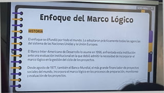 Enfoque del Marco Lógico
HISTORIA
Desde agosto de 1977, también el Banco Mundial, el más grande f¡nanciador de proyectos
sociales del mundo, incorpora el marco lógico en los procesos de preparación, monítoreo
y evaluación de los proyectos.
El Banco Inter-Americano de Desarrollo lo asume en 1996, enfrentada esta institución
ante una evaluación institucional en la que debió admitir la necesidad de incorporar el
marco lógico en la gestión del ciclo de los proyectos.
SCXD-NBNJ
_ ■
El enfoque se difundió por todo el mundo. Lo adoptaron prácticamente todas las agencias
del sistema de las Naciones Unidas y la Unión Europea.
 