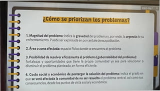 ¿Cómo se priorízan los problemas?
1. Magnitud del problema: indica la gravedad del problema y, por ende, la urgencia do su
enfrentamiento. Puede ser expresada en porcentaje de esa población.
2. Área o zona afectada: espacio físico donde se encuentra el problema
3. Posibilidad de resolver eficazmente el problema (gobernabllidad del problema);
fortalezas y oportunidades que tiene la propia comunidad ya sea para solucionar o
disminuir el problema planteado, en forma eficiente.
4. Costo social y económico de postergar la solución del problema: indica el grado en
que se verá afectada la comunidad de no ser resuelto el problema central, así como sus
consecuencias, desde los puntos de vista social y económico.
 
