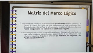 BNXARWCD ▼
Matriz del Marco Lógico
Es un conjunto de conceptos interdependientes que describen de modo operativo y en
forma de matriz los aspectos más importantes de una intervención. Esta
descripción permite verificar si la intervención ha sido instruida correctamente.
Facilita el seguimiento y la evaluación de cada fase del proyecto.
Estructura los contenidos de la intervención, ayudando a sistematizar la experiencia con
base en los objetivos, los resultados y las actividades de una Intervención y sus
relaciones causales, después de analizar los Problemas, los Objetivos y las
Posibilidades o alternativas.
*
 