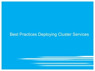 High-Availability by Clustering Redundant setup “clustered” to act as one avoid Single Point of Failure (SPOF) Primary focus is  availability , but can allow for increased performance HA via fail-over: In case [an application on] a server failure is detected, another server takes over Results achieved depend on failure detection time and startup delays The [virtual] hand moves faster than the eye The fault is masked before the user really notices 