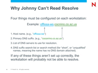 Why Johnny Can’t Read Resolve

     Four things must be configured on each workstation:
                                   Example: offissa-ws.cocnino.co.az.us


     1. Host name. (e.g., “offissa-ws”)
     2. Primary DNS suffix. (e.g., “coconino.co.az.us”)
     3. List of DNS servers to use for resolution.
     4. DNS suffix search list or search method (for “short”, or “unqualified”
        names, meaning the name has no DNS domain attached).

     If any of these things aren’t set up correctly, the
     workstation will probably not be able to resolve.

13   © Novell, Inc. All rights reserved.
 
