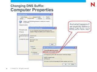 Changing DNS Suffix:
     Computer Properties


                                           And what happens if
                                           we explicitly define a
                                           DNS suffix here, too?




24   © Novell, Inc. All rights reserved.
 