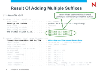 Result Of Adding Multiple Suffixes
C:>ipconfig /all                                                               These will be searched instead of the
                                                                             primary or connection specific DNS suffixes
Windows IP Configuration
   Host Name . . . . . . .                   .   .   .   .   .   :   offissa-ws
   Primary Dns Suffix . .                    .   .   .   .   .   :   [blank; we didn’t set this explicitly]
   Node Type . . . . . . .                   .   .   .   .   .   :   Unknown
   IP Routing Enabled. . .                   .   .   .   .   .   :   No
   WINS Proxy Enabled. . .                   .   .   .   .   .   :   No
   DNS Suffix Search List.                   .   .   .   .   .   :   appended-dns-suffix-1
                                                                     appended-dns-suffix-2

Ethernet adapter Local Area Connection:
   Connection-specific DNS Suffix . : this-dns-suffix-came-from-dhcp
   Description . . . . . . . . . . . : NETGEAR GA311 Gigabit Adapter
   Physical Address. . . . . . . . . : 00-0F-B5-43-0A-E5
   Dhcp Enabled. . . . . . . . . . . : Yes
   Autoconfiguration Enabled . . . . : Yes
   IP Address. . . . . . . . . . . . : 192.168.129.203
   Subnet Mask . . . . . . . . . . . : 255.255.255.0
   Default Gateway . . . . . . . . . : 192.168.129.1
   DHCP Server . . . . . . . . . . . : 192.168.129.1
   DNS Servers . . . . . . . . . . . : 192.168.129.2
                                        192.168.129.20
   Lease Obtained. . . . . . . . . . : Saturday, January 30, 2010 11:33:02 AM
   Lease Expires . . . . . . . . . . : Sunday, January 31, 2010 11:33:02 AM

  27   © Novell, Inc. All rights reserved.
 