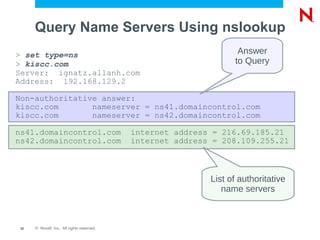 Query Name Servers Using nslookup
> set type=ns                                                      Answer
> kiscc.com                                                       to Query
Server: ignatz.allanh.com
Address: 192.168.129.2

Non-authoritative answer:
kiscc.com       nameserver = ns41.domaincontrol.com
kiscc.com       nameserver = ns42.domaincontrol.com

ns41.domaincontrol.com                      internet address = 216.69.185.21
ns42.domaincontrol.com                      internet address = 208.109.255.21



                                                            List of authoritative
                                                               name servers



 32   © Novell, Inc. All rights reserved.
 