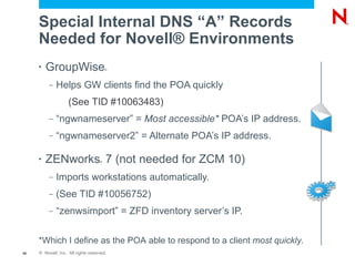Special Internal DNS “A” Records
     Needed for Novell® Environments
     •   GroupWise                      ®




          –   Helps GW clients find the POA quickly
                    (See TID #10063483)
          –   “ngwnameserver” = Most accessible* POA’s IP address.
          –   “ngwnameserver2” = Alternate POA’s IP address.

     •   ZENworks 7 (not needed for ZCM 10)
                                    ®




          –   Imports workstations automatically.
          –   (See TID #10056752)
          –   “zenwsimport” = ZFD inventory server’s IP.

     *Which I define as the POA able to respond to a client most quickly.
48   © Novell, Inc. All rights reserved.
 