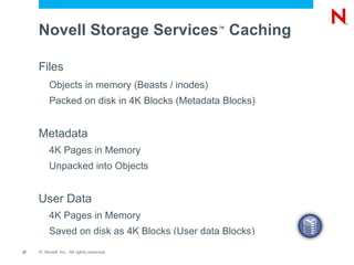 Novell Storage Services ™ NSS automatically mounted in NCP ™ Disable NCP via Remote Manager e.g. Shadow Volumes Mounted in Linux file system /media/nss/<Volume_Name> novell-nss kernel module 