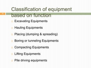 Classification of equipment
based on function
 Excavating Equipments
 Hauling Equipments
 Placing (dumping & spreading)
 Boring or tunneling Equipments
 Compacting Equipments
 Lifting Equipments
 Pile driving equipments
11
 