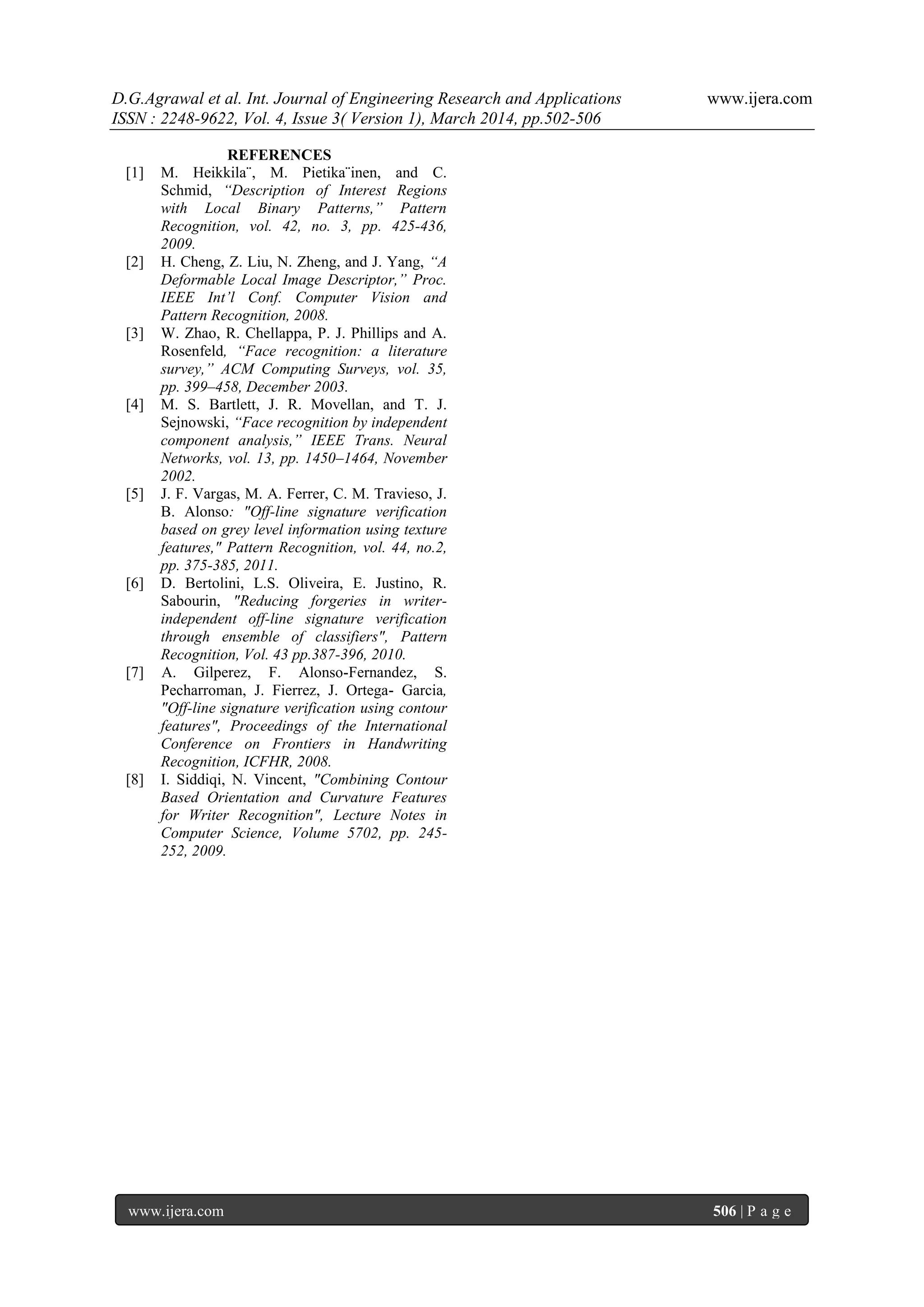 D.G.Agrawal et al. Int. Journal of Engineering Research and Applications www.ijera.com
ISSN : 2248-9622, Vol. 4, Issue 3( Version 1), March 2014, pp.502-506
www.ijera.com 506 | P a g e
REFERENCES
[1] M. Heikkila¨, M. Pietika¨inen, and C.
Schmid, “Description of Interest Regions
with Local Binary Patterns,” Pattern
Recognition, vol. 42, no. 3, pp. 425-436,
2009.
[2] H. Cheng, Z. Liu, N. Zheng, and J. Yang, “A
Deformable Local Image Descriptor,” Proc.
IEEE Int’l Conf. Computer Vision and
Pattern Recognition, 2008.
[3] W. Zhao, R. Chellappa, P. J. Phillips and A.
Rosenfeld, “Face recognition: a literature
survey,” ACM Computing Surveys, vol. 35,
pp. 399–458, December 2003.
[4] M. S. Bartlett, J. R. Movellan, and T. J.
Sejnowski, “Face recognition by independent
component analysis,” IEEE Trans. Neural
Networks, vol. 13, pp. 1450–1464, November
2002.
[5] J. F. Vargas, M. A. Ferrer, C. M. Travieso, J.
B. Alonso: "Off-line signature verification
based on grey level information using texture
features," Pattern Recognition, vol. 44, no.2,
pp. 375-385, 2011.
[6] D. Bertolini, L.S. Oliveira, E. Justino, R.
Sabourin, "Reducing forgeries in writer-
independent off-line signature verification
through ensemble of classifiers", Pattern
Recognition, Vol. 43 pp.387-396, 2010.
[7] A. Gilperez, F. Alonso-Fernandez, S.
Pecharroman, J. Fierrez, J. Ortega- Garcia,
"Off-line signature verification using contour
features", Proceedings of the International
Conference on Frontiers in Handwriting
Recognition, ICFHR, 2008.
[8] I. Siddiqi, N. Vincent, "Combining Contour
Based Orientation and Curvature Features
for Writer Recognition", Lecture Notes in
Computer Science, Volume 5702, pp. 245-
252, 2009.
 