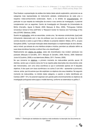 Carvalho, A. A. A., Pessoa, T., Cruz, S., Moura, A., & Marques, C. G. (orgs.) (2012). Atas do Encontro
                                                             sobre Jogos e Mobile Learning. Braga: CIEd.


Para finalizar a apresentação da análise dos dados deste estudo exploratório, percorrem-se as
categorias mais representadas do instrumento adotado, sintetizando-se de cada uma o
respetivo meta-conhecimento evidenciado. Assim, e no âmbito do enquadramento, em
particular no que respeita às instituições de ensino e aos centros de investigação, é possível
complementar com os seguintes: Centro de Investigação em Educação da Universidade do
Minho (Carvalho, Aguiar & Maciel, 2009; Marques & Silva, 2009), “Portuguese Catholic
University’s School of Arts (UCP-EA)” e “Research Center for Science and Technology of the
Arts (CITAR)” (Barbosa, 2008).
Quanto às motivações, entre as assumidas, consta uma, “de natureza construtivista, [que] está
intimamente relacionada com o tipo de professor que me proponho ser ao longo da minha
carreira docente e sobre a qual é feita a reflexão no presente relatório” (Matos, 2011). Já para
Gonçalves (2009), “a principal motivação desta dissertação é a implementação de dois clientes,
web e móvel, que através de uma interface simples e intuitiva, permitam ao utilizador definir as
suas áreas temáticas favoritas e atribuir-lhes uma classificação.”
Relativamente aos objetos de análise, estes são diversificados mas incidem sobretudo nos
podcasts (Marques & Carvalho, 2011; Marques & Carvalho, 2009; Ramos, 2009; Bottentuit
Junior & Coutinho, 2008) e nos telemóveis (Matos, 2011; Ferreira, 2009).
No que concerne os objetivos, o primeiro momento da meta-análise permitiu apurar 30
distintos, sendo que a maioria (cerca de ⅔) se reparte pelas descrições dos documentos onde
são mencionados, com uma única ocorrência (o que é contrariado apenas em 8 daqueles
objetivos, 6 dos quais com duas ocorrências e os outros 2 com três – apresentar e promover);
note-se, ainda, que há autores que não explicitam os objetivos dos seus trabalhos. No segundo
momento da meta-análise, no âmbito desta categoria, e usando a matriz identificada em
Cardoso (2007: 101), foi possível organizar (em grande parte sinonimicamente) os objetivos da
investigação portuguesa sobre jogos e mobile learning, conforme se sistematiza no gráfico 7.




  Gráfico 7 - Distribuição da totalidade dos objetivos meta-analisados na descrição dos documentos do
                                                   corpus


                                                                                                71
 