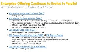 Tabular or Multidimensional: PBI + SSAS
Tabular Multidimensional
Available since SQL Server 2012 SQL Server 2000
Licensing...