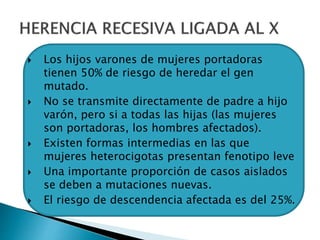  Los hijos varones de mujeres portadoras
tienen 50% de riesgo de heredar el gen
mutado.
 No se transmite directamente de padre a hijo
varón, pero si a todas las hijas (las mujeres
son portadoras, los hombres afectados).
 Existen formas intermedias en las que
mujeres heterocigotas presentan fenotipo leve
 Una importante proporción de casos aislados
se deben a mutaciones nuevas.
 El riesgo de descendencia afectada es del 25%.
 