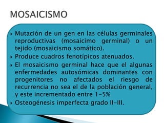  Mutación de un gen en las células germinales
reproductivas (mosaicimo germinal) o un
tejido (mosaicismo somático).
 Produce cuadros fenotípicos atenuados.
 El mosaicismo germinal hace que el algunas
enfermedades autosómicas dominantes con
progenitores no afectados el riesgo de
recurrencia no sea el de la población general,
y este incrementado entre 1-5%
 Osteogénesis imperfecta grado II-III.
 