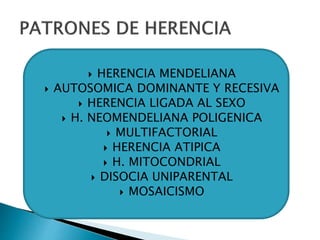  HERENCIA MENDELIANA
 AUTOSOMICA DOMINANTE Y RECESIVA
 HERENCIA LIGADA AL SEXO
 H. NEOMENDELIANA POLIGENICA
 MULTIFACTORIAL
 HERENCIA ATIPICA
 H. MITOCONDRIAL
 DISOCIA UNIPARENTAL
 MOSAICISMO
 