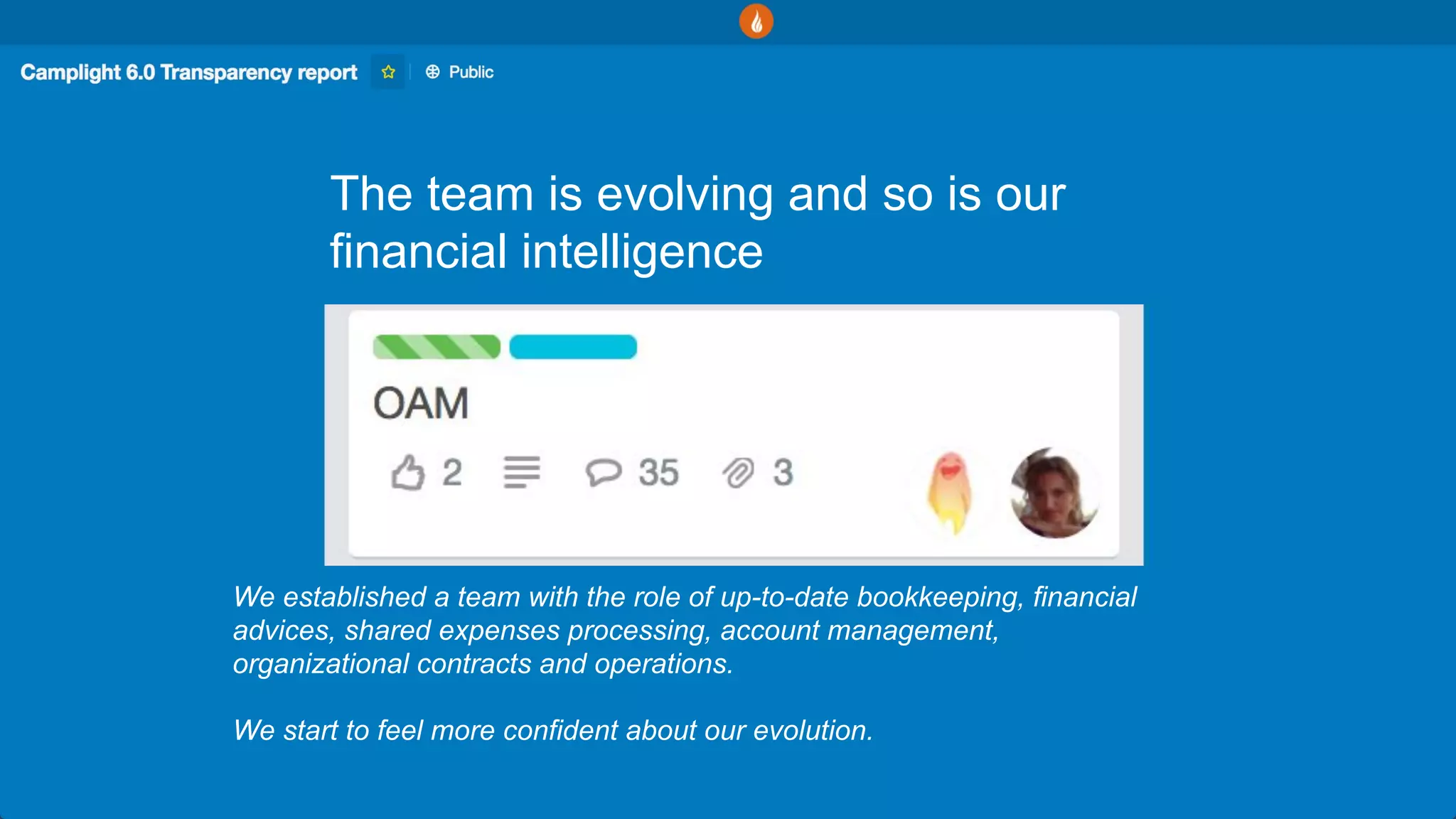 The team is evolving and so is our
financial intelligence
We established a team with the role of up-to-date bookkeeping, financial
advices, shared expenses processing, account management,
organizational contracts and operations.
We start to feel more confident about our evolution.
 