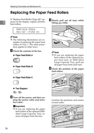 Replacing Consumables and Maintenance Kit


         Replacing the Paper Feed Rollers
         If “Replace Feed Roller (Type H)” ap-
         pears on the display, replace all three
                                                     C Slowly   pull out all trays while
1        feed rollers.
                                                       lifting up a little.


                 Replace Feed
                 Roller (Type H)
           Note
         ❒ The following illustrations are ex-
           amples of replacing the paper feed
           rollers of Tray 1. The same proce-
           dure applies to other trays.                                             ZERH010E



         A Check the contents of the box.                Note
            ❖ Paper Feed Roller A                      ❒ If you are replacing the paper
                                                         feed rollers of the optional pa-
                                                         per feed unit, or 2000-sheet
                                                         Large Capacity Tray, pull out
                                                         all paper trays from each unit.
            ❖ Paper Feed Roller B
                                                     D Check the position of the paper
                                                       feed rollers.


            ❖ Paper Feed Roller C




            ❖ Two Stoppers



         B Turn off the power, and then un-                                         ZERH020E



            plug the power cable and inter-            Confirm the positions and names
            face cable.                                of each roller.
              Important
            ❒ If you are replacing the paper
              feed rollers of the optional 2000-
              sheet Large Capacity Tray, re-
              move all paper from the tray.




    26                                                                              ZERH030E
 