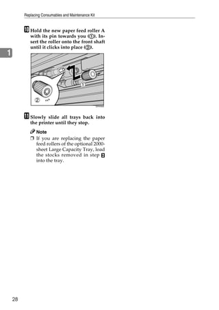 Replacing Consumables and Maintenance Kit


         J Hold the new paper feed roller A
                                         A
            with its pin towards you (A). In-
            sert the roller onto the front shaft
                                        B
            until it clicks into place (B).
1




                                                     ZERH090E




         K Slowly   slide all trays back into
            the printer until they stop.
              Note
            ❒ If you are replacing the paper
              feed rollers of the optional 2000-
              sheet Large Capacity Tray, load
              the stocks removed in step B
              into the tray.




    28
 