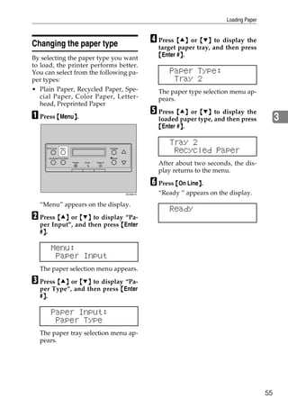 Loading Paper



Changing the paper type                                                  D Press {U} or {T} to display the
                                                                           target paper tray, and then press
By selecting the paper type you want                                       {Enter #}.
                                                                                   }
to load, the printer performs better.
You can select from the following pa-                                          Paper Type:
per types:                                                                      Tray 2
• Plain Paper, Recycled Paper, Spe-                                        The paper type selection menu ap-
   cial Paper, Color Paper, Letter-                                        pears.
   head, Preprinted Paper

A Press {Menu}.                                                          E Press {U} or {T} to display the
             }                                                             loaded paper type, and then press           3
                                                                           {Enter #}.
                                                                                   }

                                                                               Tray 2
      On Line   Menu                                 Escape
                                                                                Recycled Paper
     Job Reset Form Feed                             #Enter
                           Power   Error   Data In
                                                                           After about two seconds, the dis-
                                                                           play returns to the menu.

                                                                         F Press {On Line}.
                                                                                         }
                                                              ZDJS001N     “Ready ” appears on the display.
  “Menu” appears on the display.
                                                                               Ready
B Press {U} or {T} to display “Pa-
  per Input”, and then press {Enter
   }
  #}.

       Menu:
        Paper Input
  The paper selection menu appears.

C Press {U} or {T} to display “Pa-
  per Type”, and then press {Enter
   }
  #}.

       Paper Input:
        Paper Type
  The paper tray selection menu ap-
  pears.




                                                                                                                  55
 