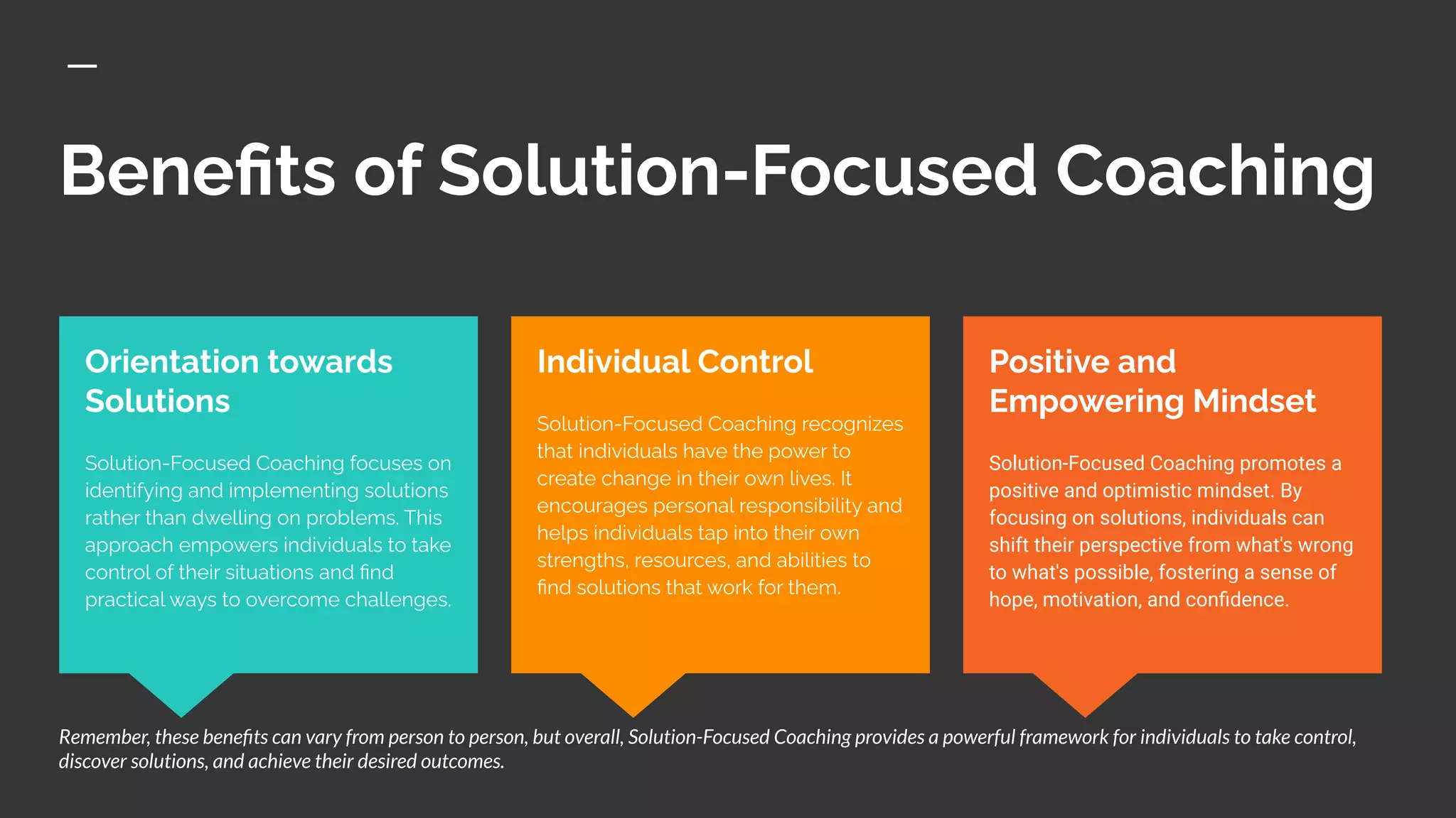 Beneﬁts of Solution-Focused Coaching
Positive and
Empowering Mindset
Solution-Focused Coaching promotes a
positive and optimistic mindset. By
focusing on solutions, individuals can
shift their perspective from what's wrong
to what's possible, fostering a sense of
hope, motivation, and conﬁdence.
Orientation towards
Solutions
Solution-Focused Coaching focuses on
identifying and implementing solutions
rather than dwelling on problems. This
approach empowers individuals to take
control of their situations and ﬁnd
practical ways to overcome challenges.
Individual Control
Solution-Focused Coaching recognizes
that individuals have the power to
create change in their own lives. It
encourages personal responsibility and
helps individuals tap into their own
strengths, resources, and abilities to
ﬁnd solutions that work for them.
Remember, these beneﬁts can vary from person to person, but overall, Solution-Focused Coaching provides a powerful framework for individuals to take control,
discover solutions, and achieve their desired outcomes.
 