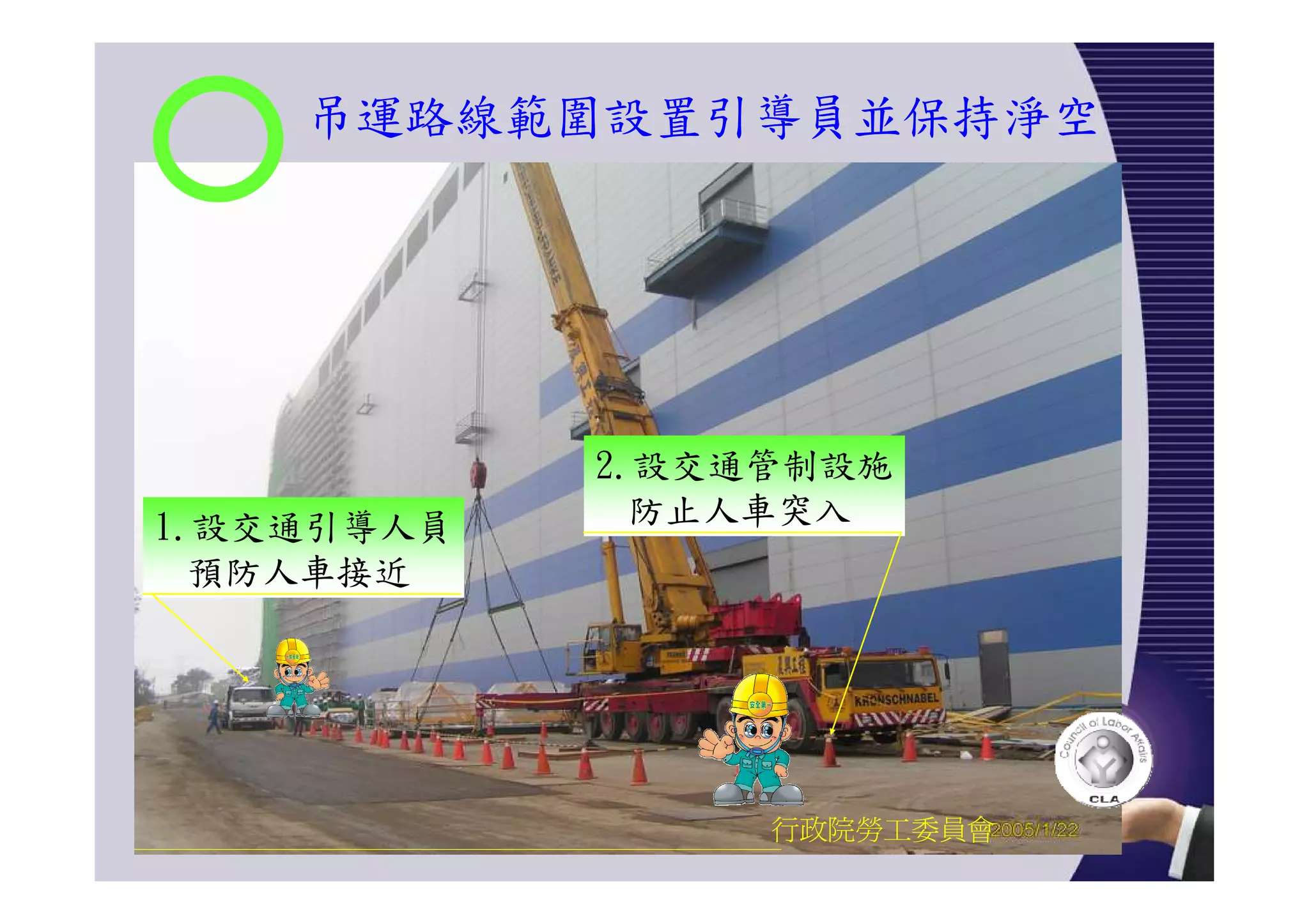 吊運路線範圍設置引導員並保持淨空
行政院勞工委員會
2.設交通管制設施
防止人車突入1.設交通引導人員
預防人車接近
 