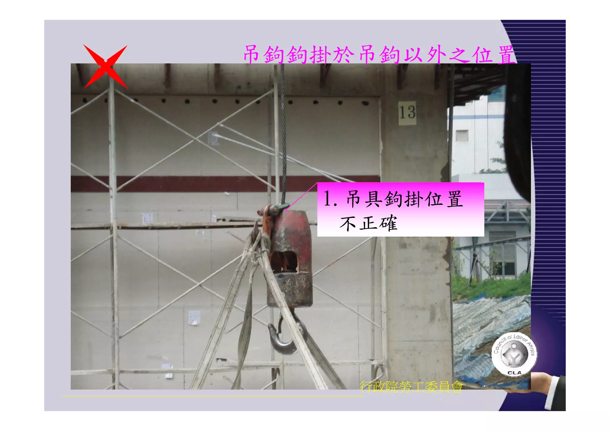 吊鉤鉤掛於吊鉤以外之位置
行政院勞工委員會
1.吊具鉤掛位置
不正確
 