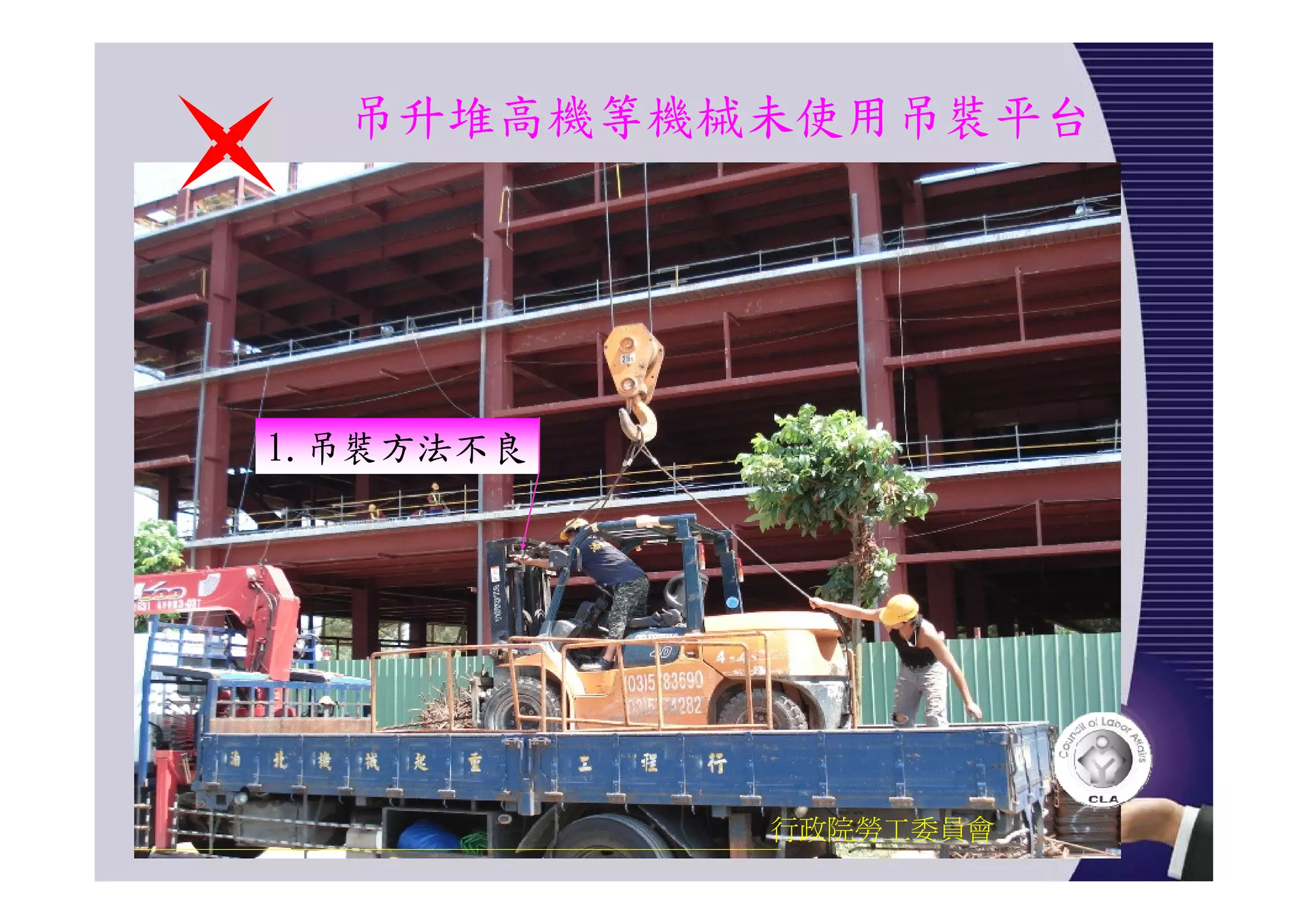 吊升堆高機等機械未使用吊裝平台
行政院勞工委員會
1.吊裝方法不良
 