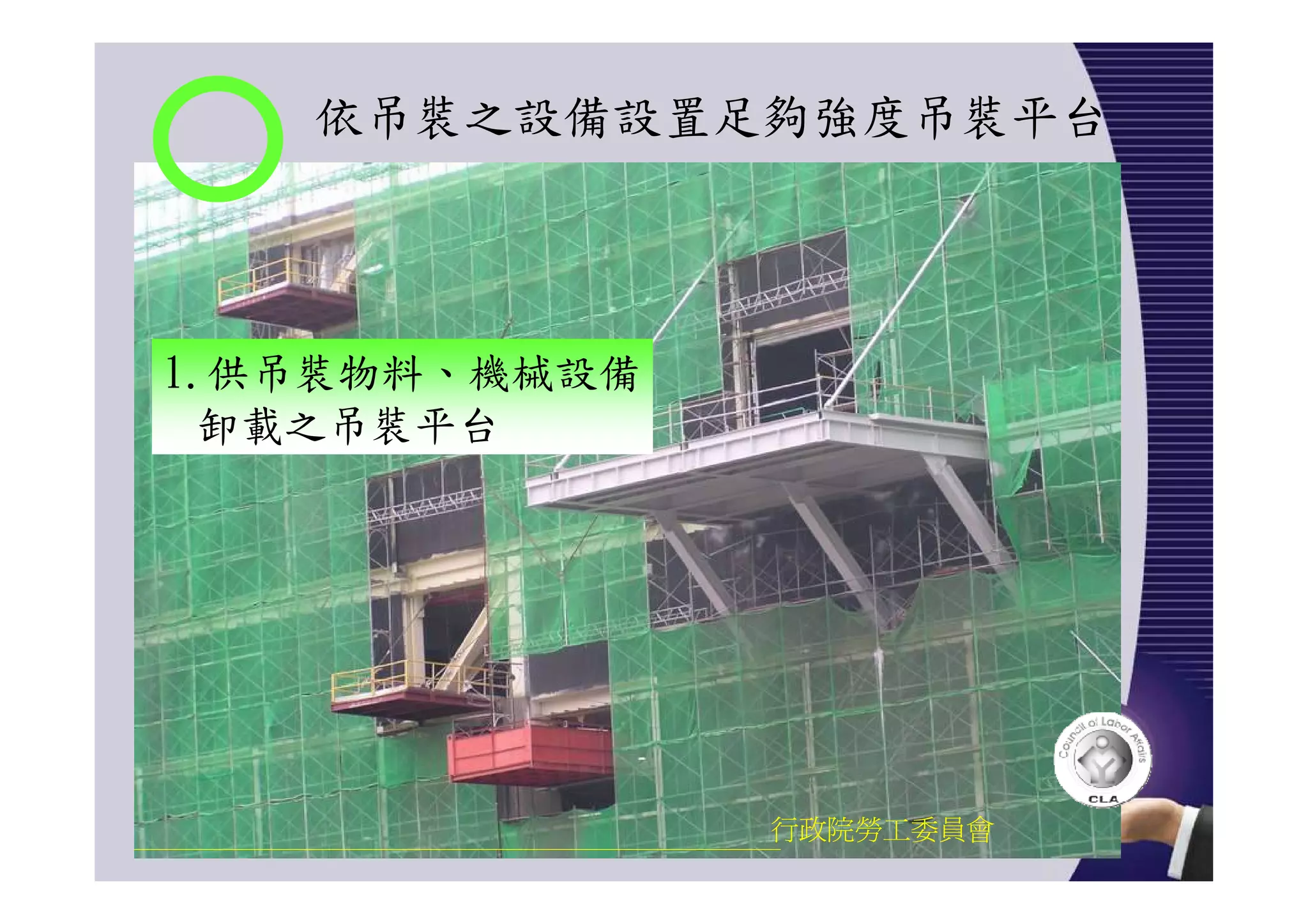 依吊裝之設備設置足夠強度吊裝平台
行政院勞工委員會
1.供吊裝物料、機械設備
卸載之吊裝平台
 