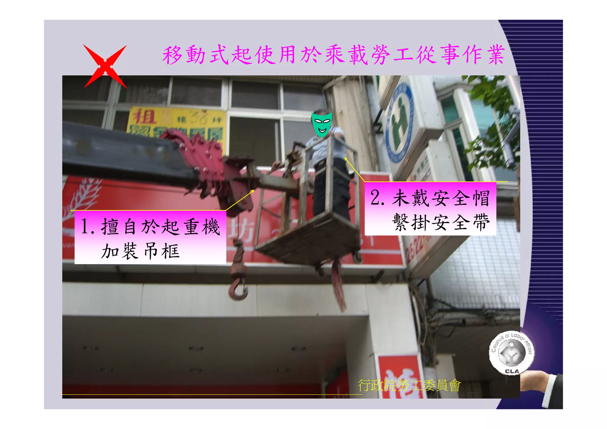 移動式起使用於乘載勞工從事作業
行政院勞工委員會
1.擅自於起重機
加裝吊框
2.未戴安全帽
繫掛安全帶
 