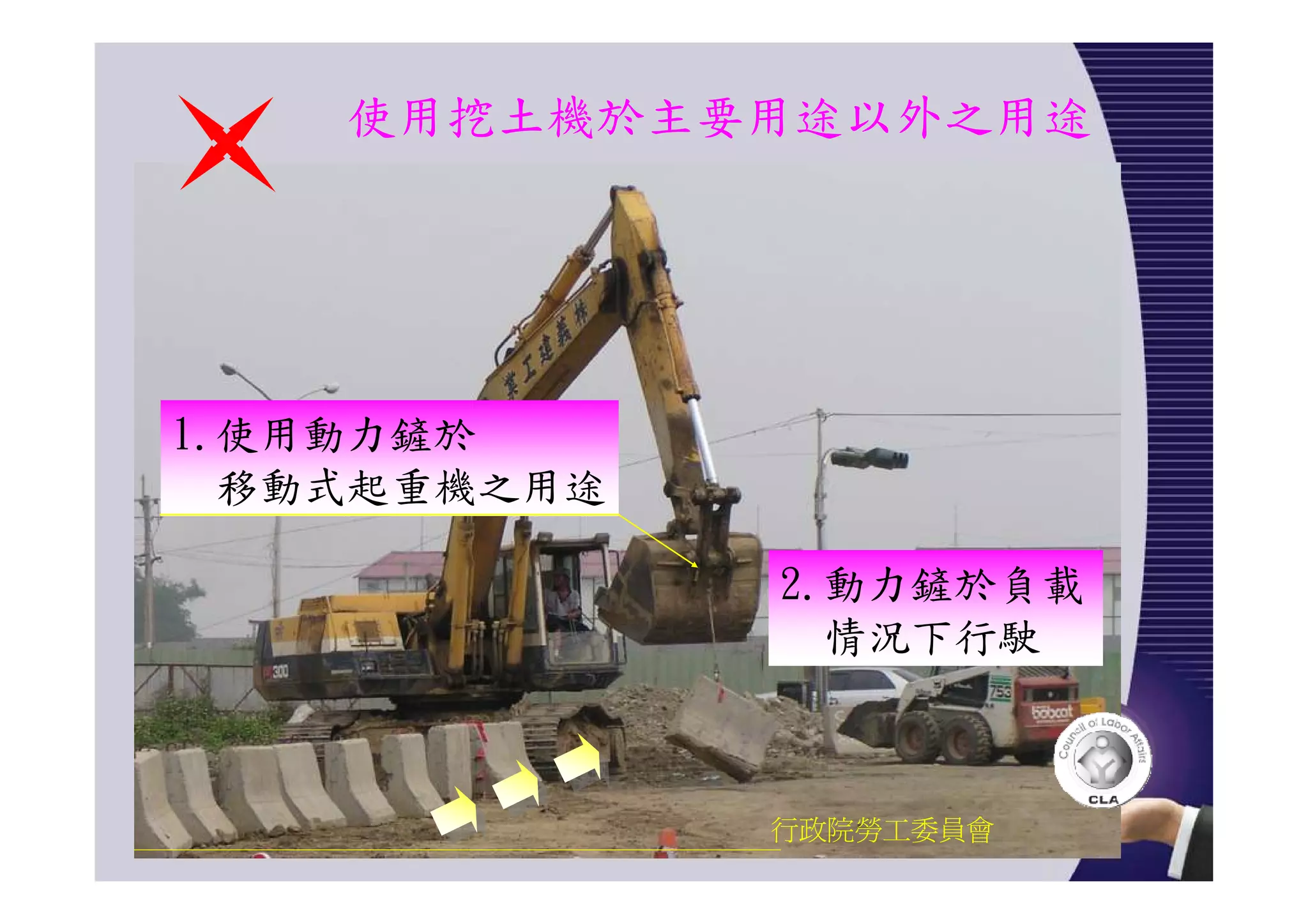 使用挖土機於主要用途以外之用途
行政院勞工委員會
1.使用動力鏟於
移動式起重機之用途
2.動力鏟於負載
情況下行駛
 