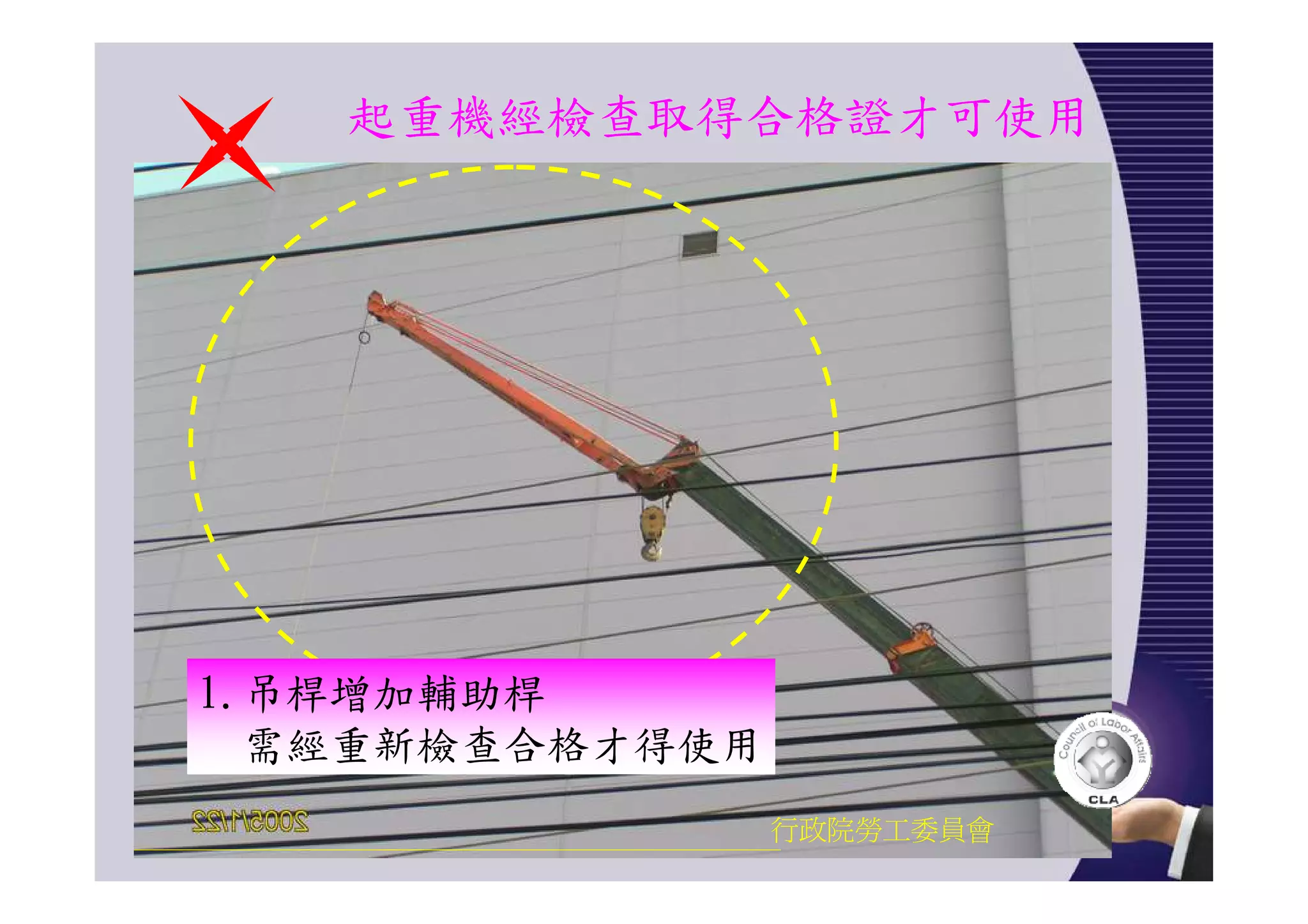 起重機經檢查取得合格證才可使用
行政院勞工委員會
1.吊桿增加輔助桿
需經重新檢查合格才得使用
 