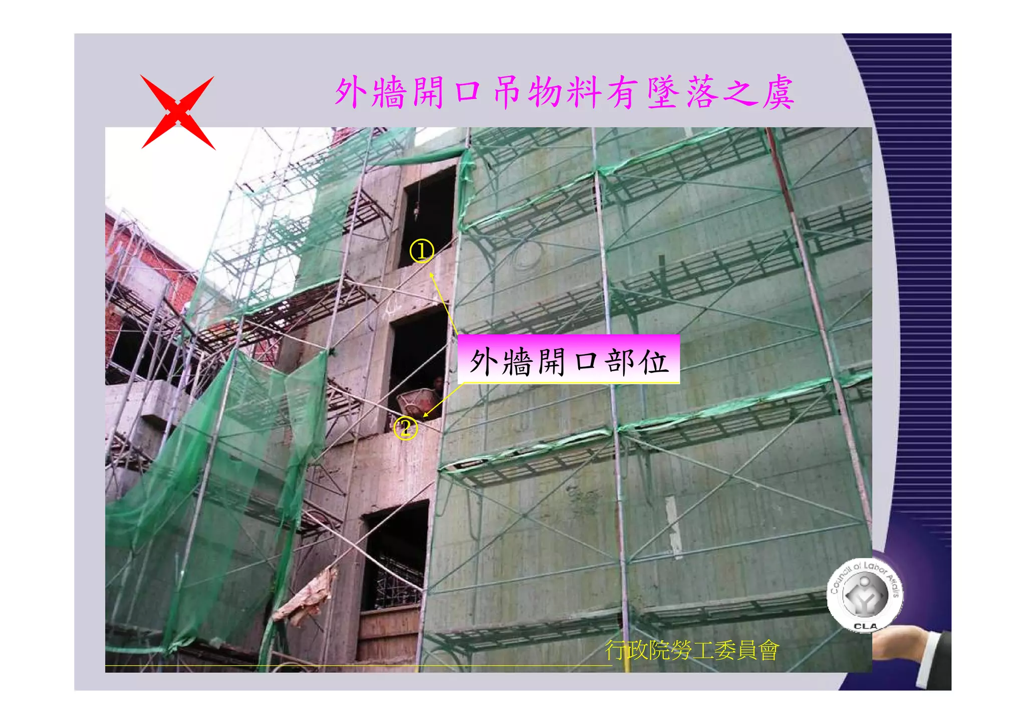 外牆開口吊物料有墜落之虞
行政院勞工委員會
1
12
外牆開口部位
 