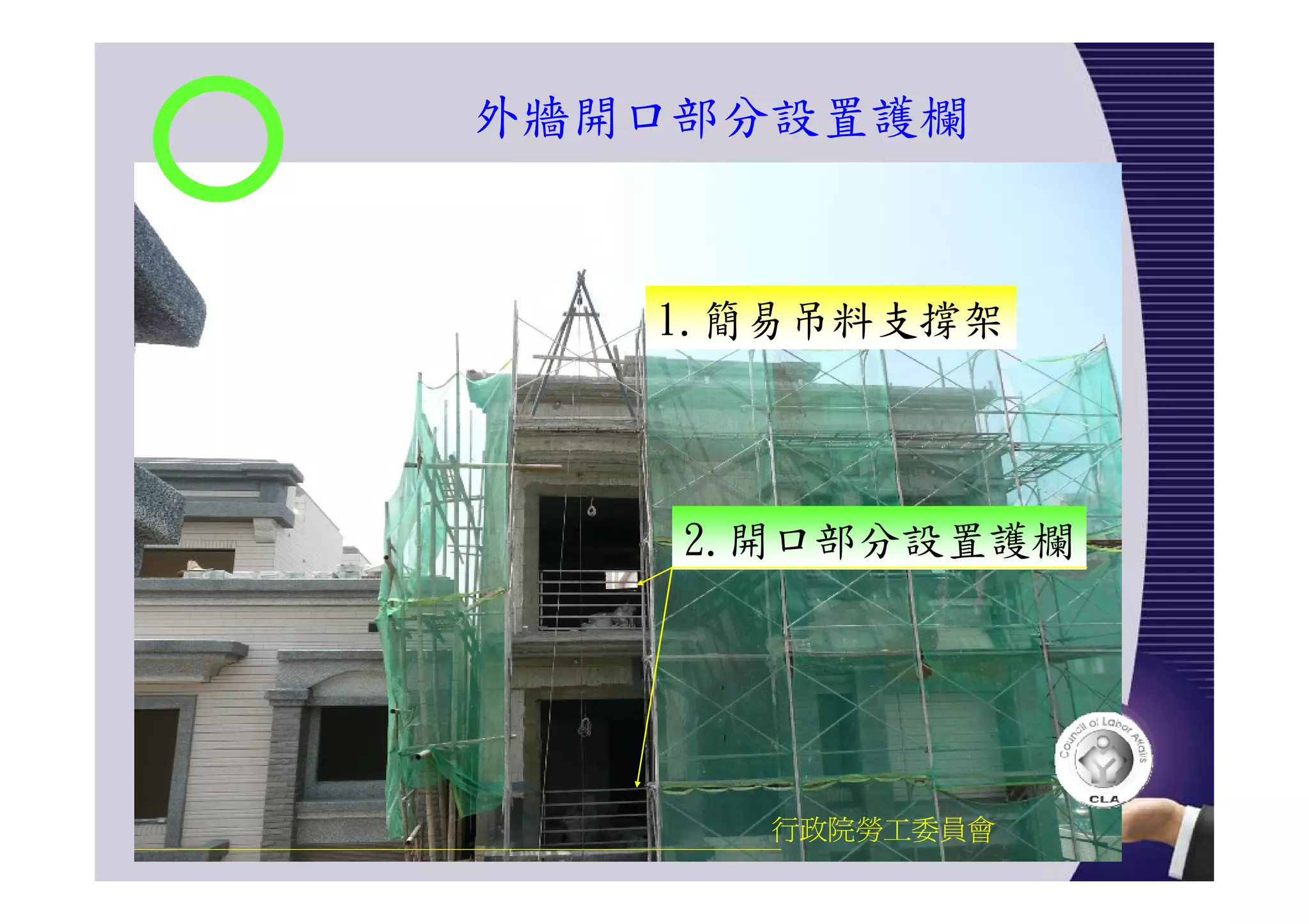 外牆開口部分設置護欄
行政院勞工委員會
1.簡易吊料支撐架
2.開口部分設置護欄
 