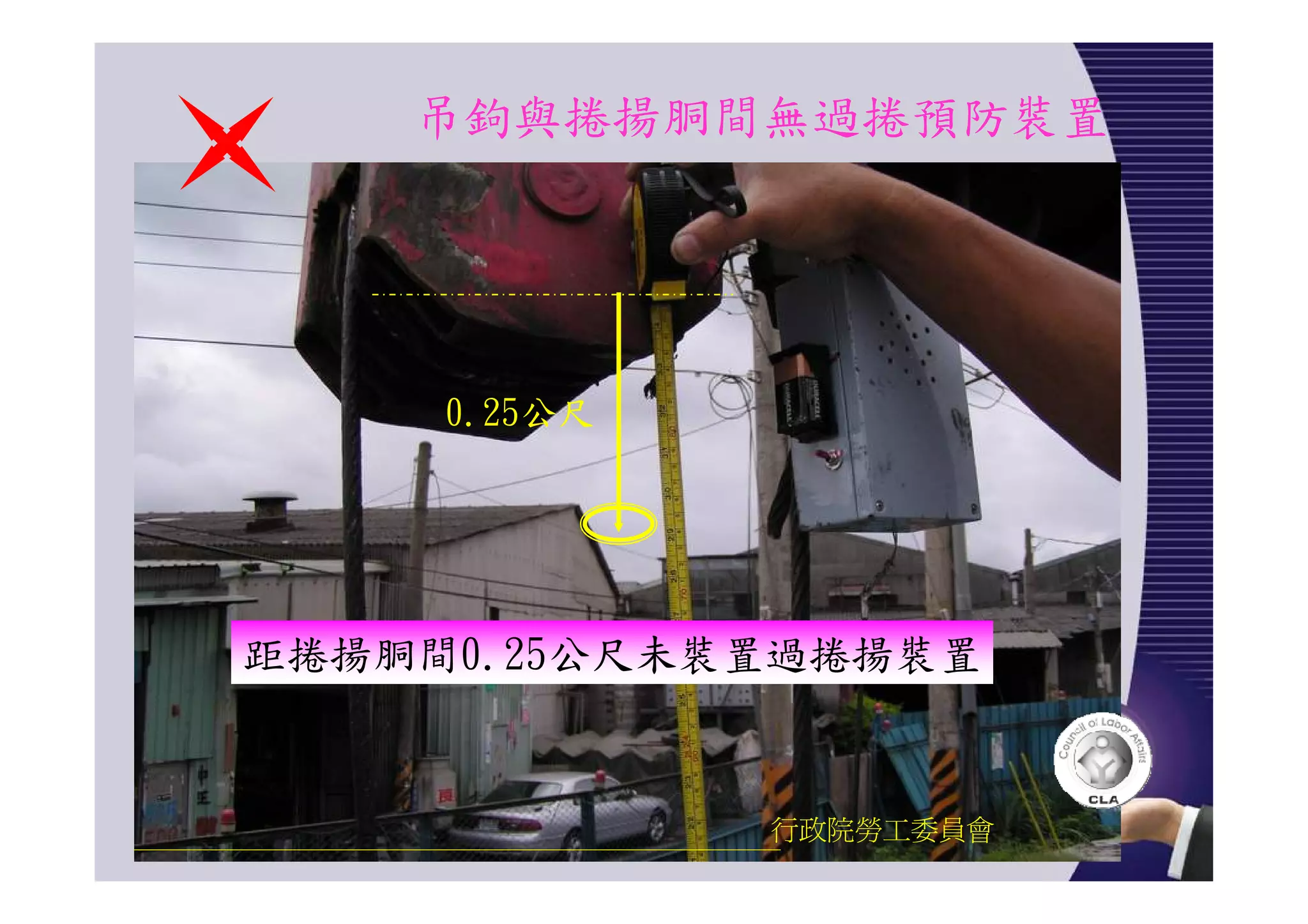 吊鉤與捲揚胴間無過捲預防裝置
行政院勞工委員會
距捲揚胴間0.25公尺未裝置過捲揚裝置
0.25公尺
 