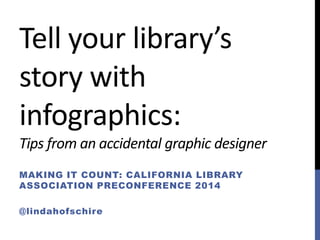 Tell your library’s 
story with 
infographics: 
Tips from an accidental graphic designer 
MAKING IT COUNT: CALIFORNIA LIBRARY 
ASSOCIATION PRECONFERENCE 2014 
@lindahofschire 
 