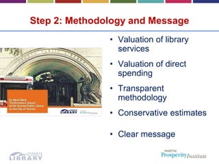 Step 2: Methodology and Message
• Valuation of library
services
• Valuation of direct
spending
• Transparent
methodology
•...