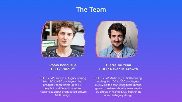 The Team
Robin Bonduelle
CEO / Product
Pierre Touzeau
COO / Revenue Growth
HEC. Ex-VP Product at Ogury, scaling
from 50 to 450 employees. Led
product & tech teams up to 45+
people in 4 different countries.
Passionate about product-led growth
& UX design.
HEC. Ex-VP Marketing at 360Learning,
scaling from 20 to 200 employees.
Built & led the marketing team (brand,
growth, business development) up to
30 people in France & US. Passionate
about category design.
 