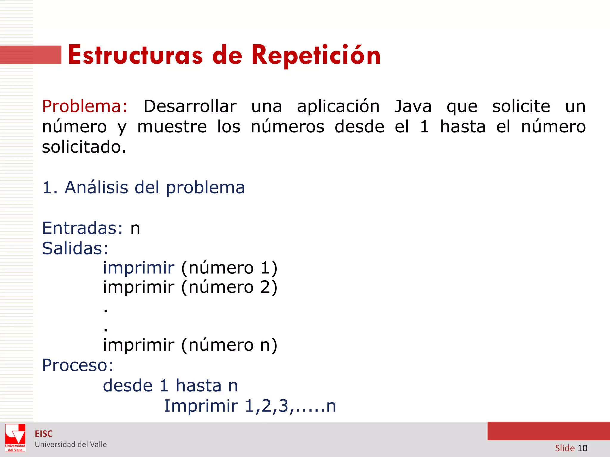 Estructuras de Repetición
Problema: Desarrollar una aplicación Java que solicite un
número y muestre los números desde el 1 hasta el número
solicitado.
1. Análisis del problema
Entradas: n
Salidas:
imprimir (número 1)
imprimir (número 2)
.
.
imprimir (número n)
Proceso:
desde 1 hasta n
Imprimir 1,2,3,.....n
EISC
Universidad del Valle

Slide 10

 