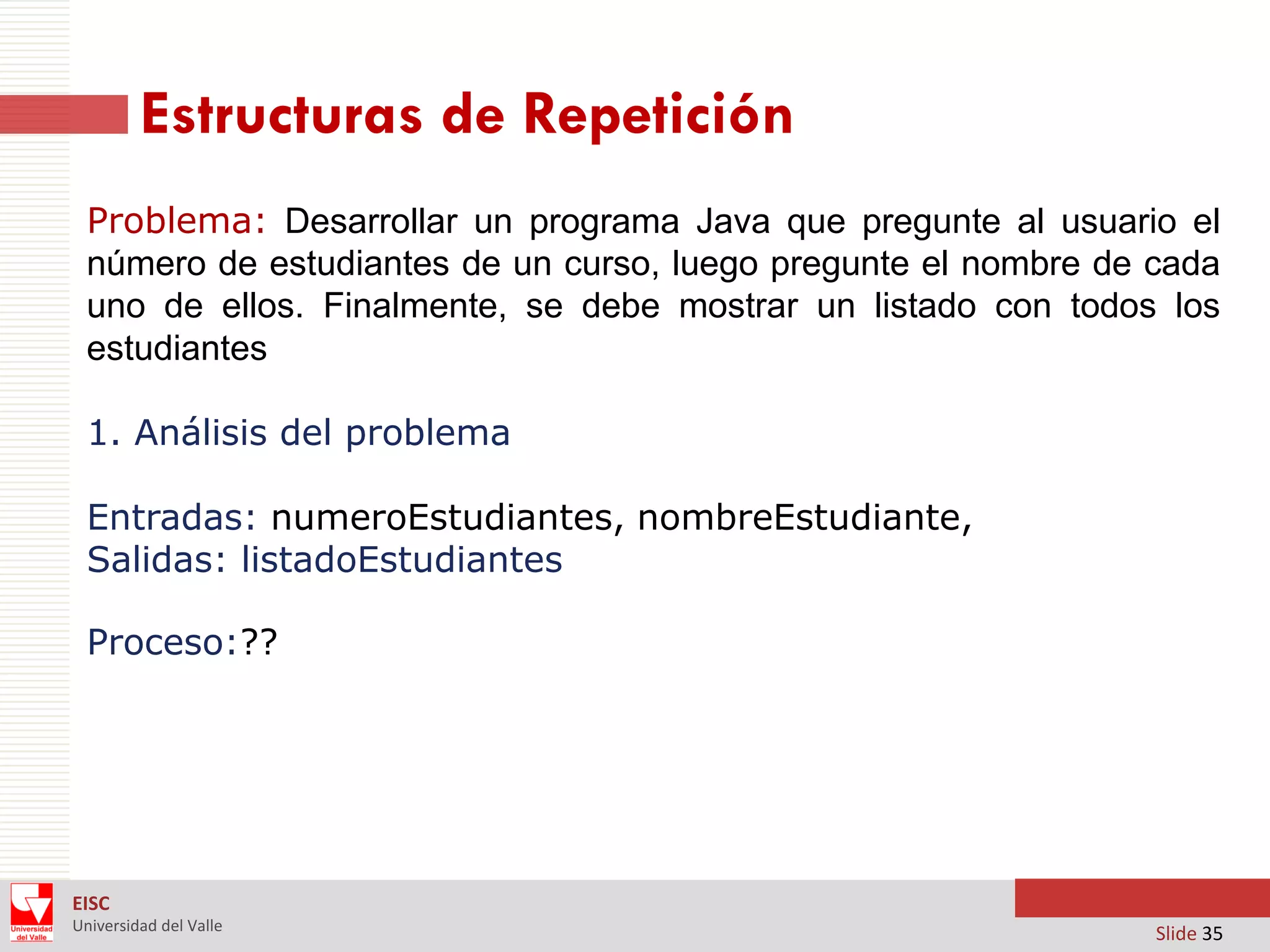 Estructuras de Repetición
Problema: Desarrollar un programa Java que pregunte al usuario el
número de estudiantes de un curso, luego pregunte el nombre de cada
uno de ellos. Finalmente, se debe mostrar un listado con todos los
estudiantes
1. Análisis del problema
Entradas: numeroEstudiantes, nombreEstudiante,
Salidas: listadoEstudiantes

Proceso:??

EISC
Universidad del Valle

Slide 35

 