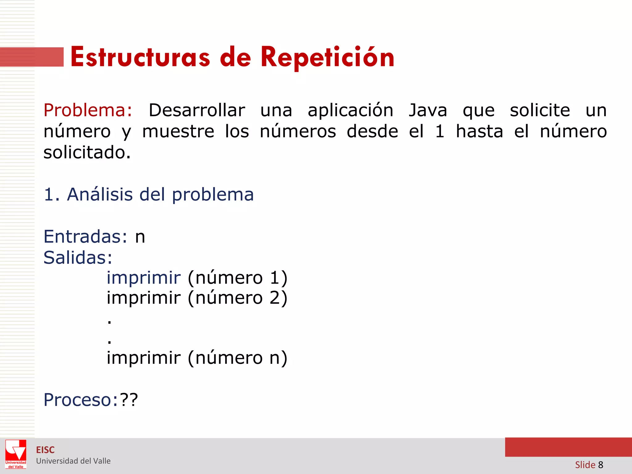 Estructuras de Repetición
Problema: Desarrollar una aplicación Java que solicite un
número y muestre los números desde el 1 hasta el número
solicitado.
1. Análisis del problema
Entradas: n
Salidas:
imprimir (número 1)
imprimir (número 2)
.
.
imprimir (número n)
Proceso:??
EISC
Universidad del Valle

Slide 8

 