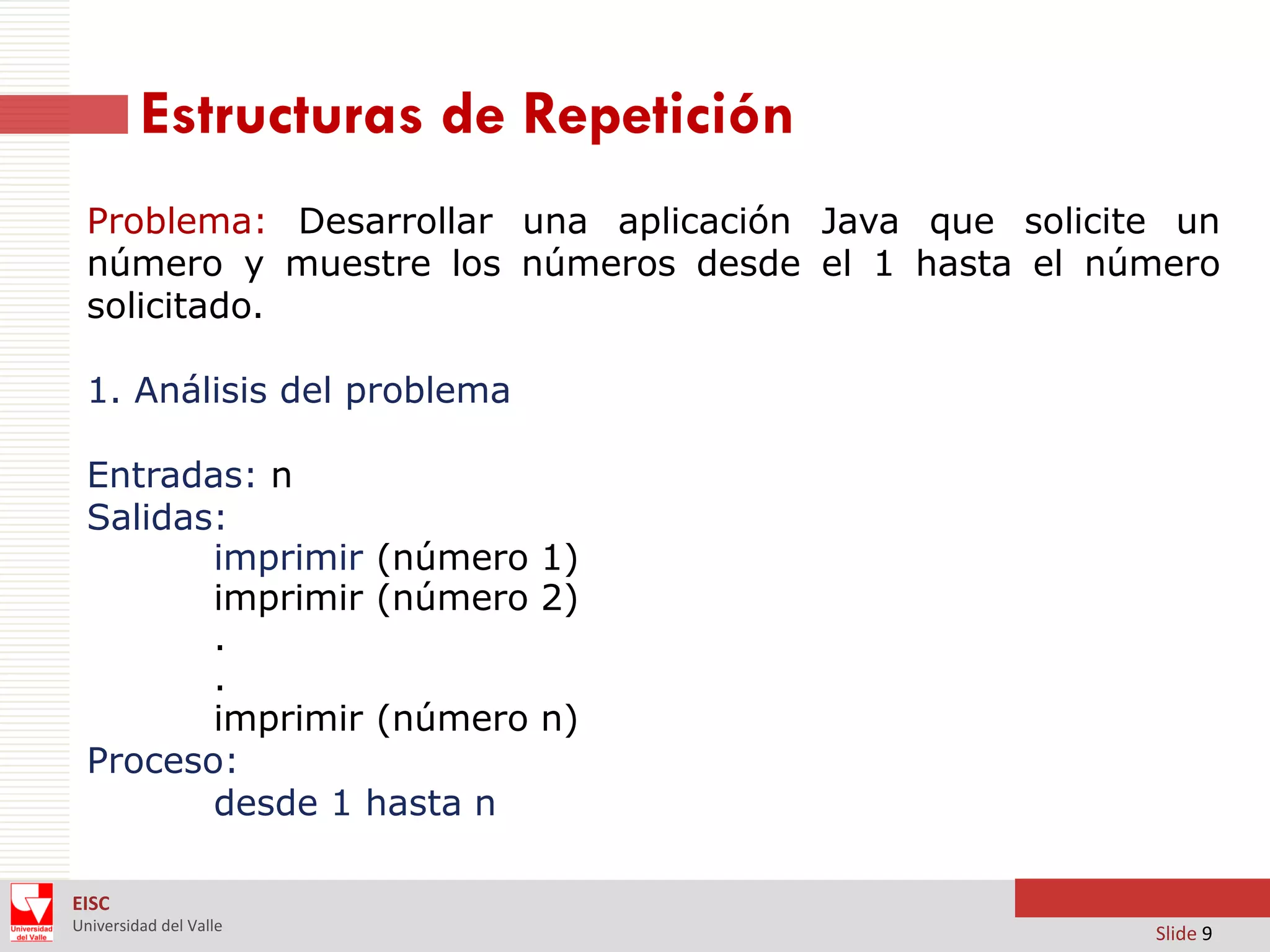 Estructuras de Repetición
Problema: Desarrollar una aplicación Java que solicite un
número y muestre los números desde el 1 hasta el número
solicitado.
1. Análisis del problema
Entradas: n
Salidas:
imprimir (número 1)
imprimir (número 2)
.
.
imprimir (número n)
Proceso:
desde 1 hasta n
EISC
Universidad del Valle

Slide 9

 