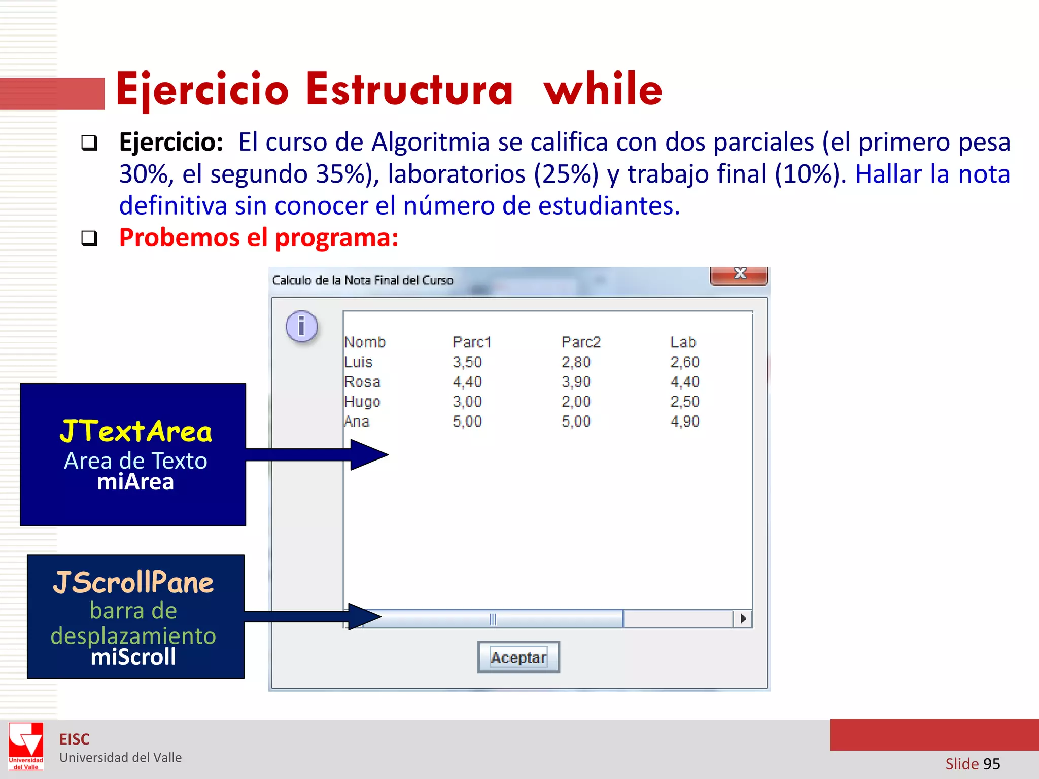 Ejercicio Estructura while




Ejercicio: El curso de Algoritmia se califica con dos parciales (el primero pesa
30%, el segundo 35%), laboratorios (25%) y trabajo final (10%). Hallar la nota
definitiva sin conocer el número de estudiantes.
Probemos el programa:

JTextArea
Area de Texto
miArea

JScrollPane

barra de
desplazamiento
miScroll
EISC
Universidad del Valle

Slide 95

 