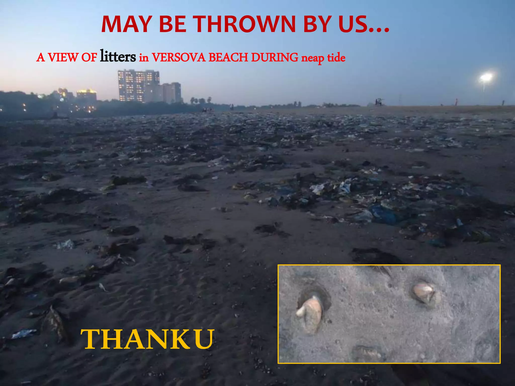 MAY BE THROWN BY US…
A VIEW OF littersin VERSOVA BEACH DURING neap tide
THANKU
 