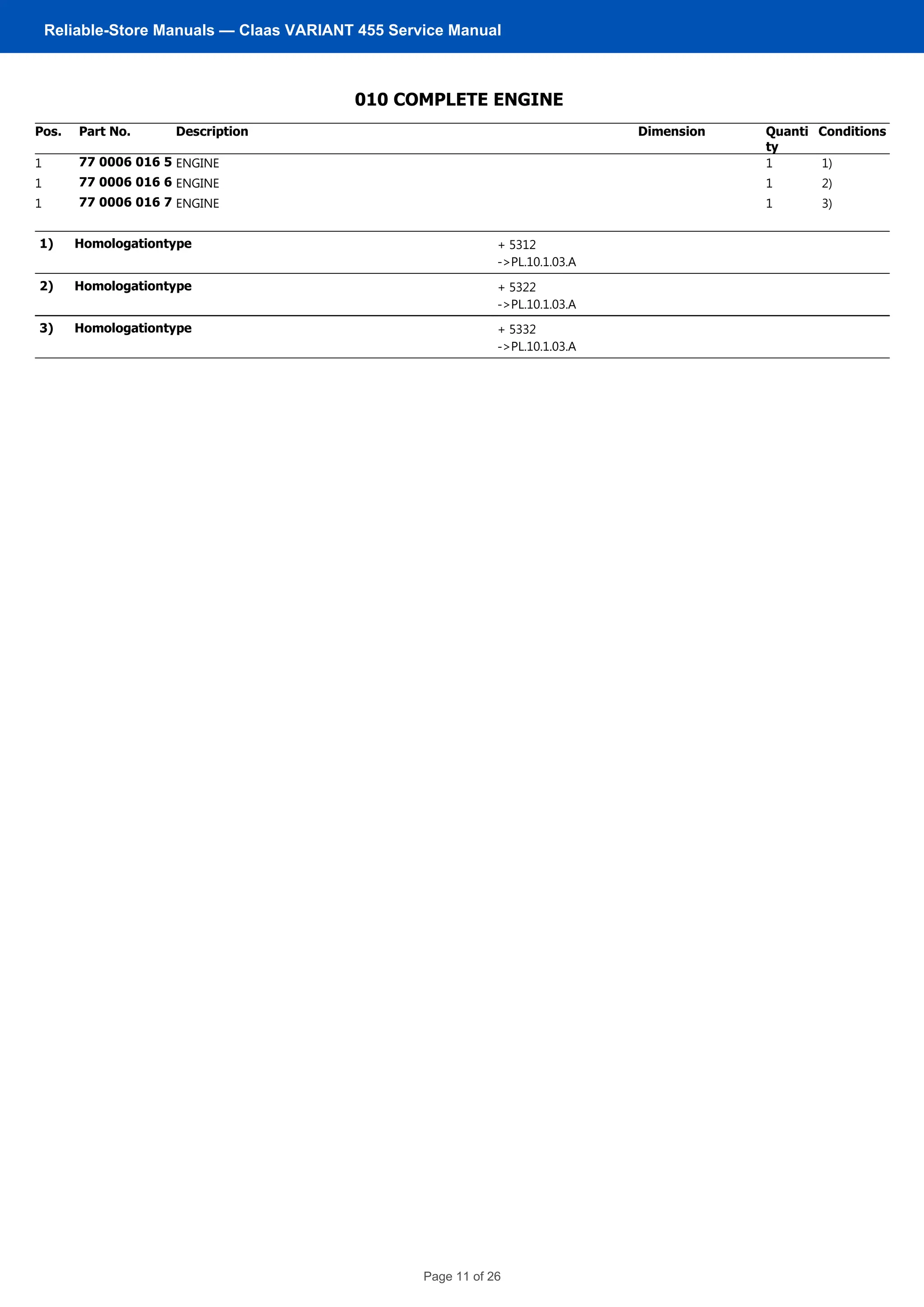 BGZ: 0102010
010 COMPLETE ENGINE
Pos. Part No. Description Dimension Quanti
ty
Conditions
1 77 0006 016 5 ENGINE 1 1)
1 77 0006 016 6 ENGINE 1 2)
1 77 0006 016 7 ENGINE 1 3)
1) Homologationtype + 5312
->PL.10.1.03.A
2) Homologationtype + 5322
->PL.10.1.03.A
3) Homologationtype + 5332
->PL.10.1.03.A
ARES 566-546 RX/RZ / ARES 550-540 RX/RZ
No. 10101A Remark:
Page 2
Reliable-Store Manuals — Claas VARIANT 455 Service Manual
Page 11 of 26
 