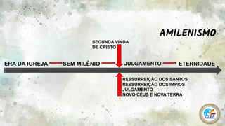 7
ERA DA IGREJA SEM MILÊNIO JULGAMENTO ETERNIDADE
RESSURREIÇÃO DOS SANTOS
RESSURREIÇÃO DOS IMPIOS
JULGAMENTO
NOVO CÉUS E NOVA TERRA
SEGUNDA VINDA
DE CRISTO
AMILENISMO
 