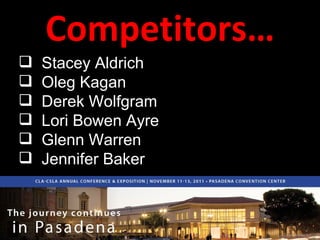 Competitors… Stacey Aldrich Oleg Kagan Derek Wolfgram Lori Bowen Ayre Glenn Warren Jennifer Baker 