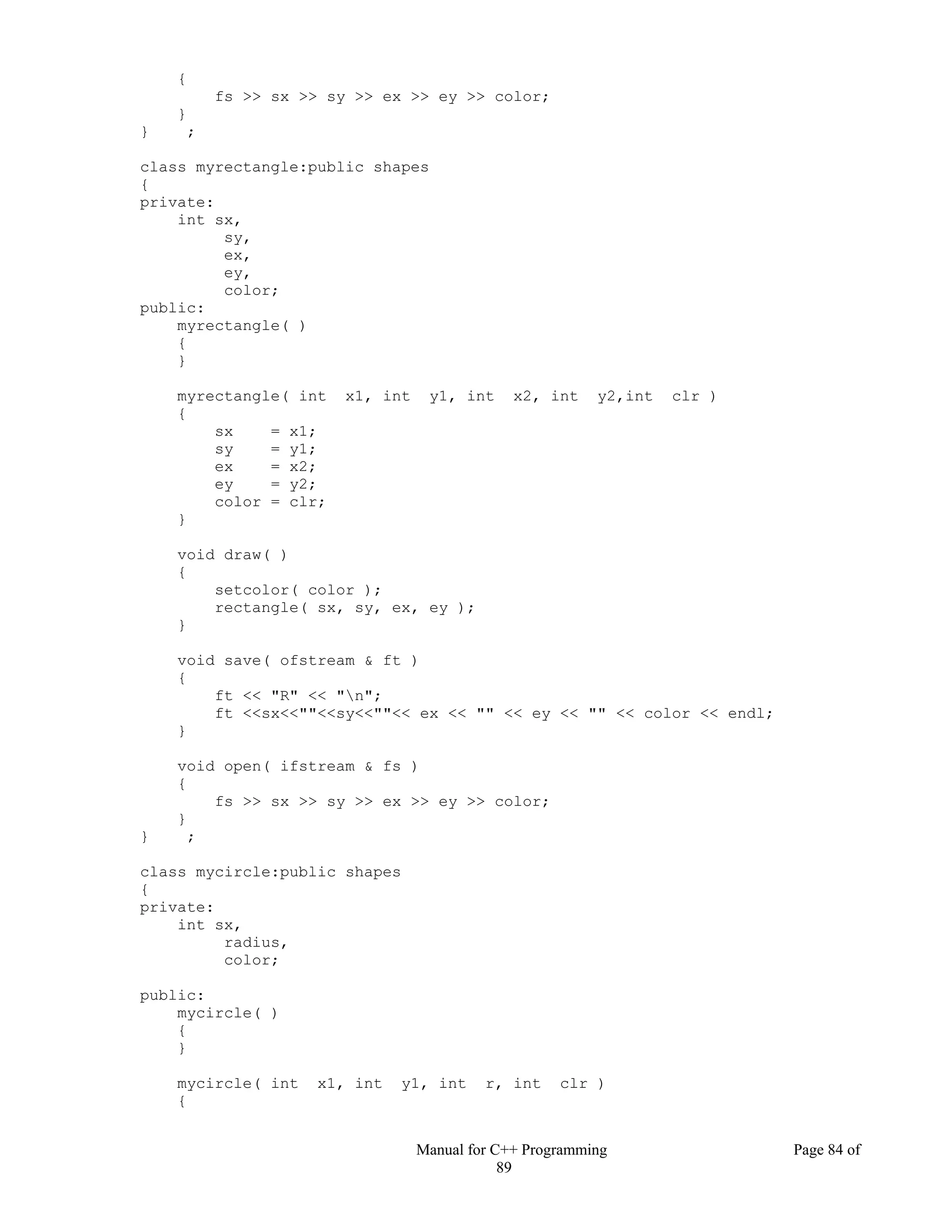 Manual for C++ Programming Page 84 of
89
{
fs >> sx >> sy >> ex >> ey >> color;
}
} ;
class myrectangle:public shapes
{
private:
int sx,
sy,
ex,
ey,
color;
public:
myrectangle( )
{
}
myrectangle( int x1, int y1, int x2, int y2,int clr )
{
sx = x1;
sy = y1;
ex = x2;
ey = y2;
color = clr;
}
void draw( )
{
setcolor( color );
rectangle( sx, sy, ex, ey );
}
void save( ofstream & ft )
{
ft << "R" << "n";
ft <<sx<<""<<sy<<""<< ex << "" << ey << "" << color << endl;
}
void open( ifstream & fs )
{
fs >> sx >> sy >> ex >> ey >> color;
}
} ;
class mycircle:public shapes
{
private:
int sx,
radius,
color;
public:
mycircle( )
{
}
mycircle( int x1, int y1, int r, int clr )
{
 