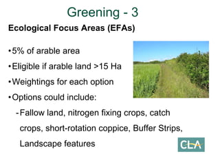 Ecological Focus Areas (EFAs)
•5% of arable area
•Eligible if arable land >15 Ha
•Weightings for each option
•Options could include:
-Fallow land, nitrogen fixing crops, catch
crops, short-rotation coppice, Buffer Strips,
Landscape features
Greening - 3
 