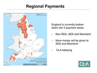 England is currently brokendown into 3 payment areas: -Non-SDA, SDA and Moorland 
-More money will be given to SDA and Moorland 
-CLA lobbyingRegional Payments  
