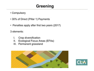 •Compulsory 
•30% of Direct (Pillar 1) Payments 
•Penalties apply after first two years (2017) 3 elements: 
I.Crop diversification 
II.Ecological Focus Areas (EFAs) 
III.Permanent grasslandGreening  